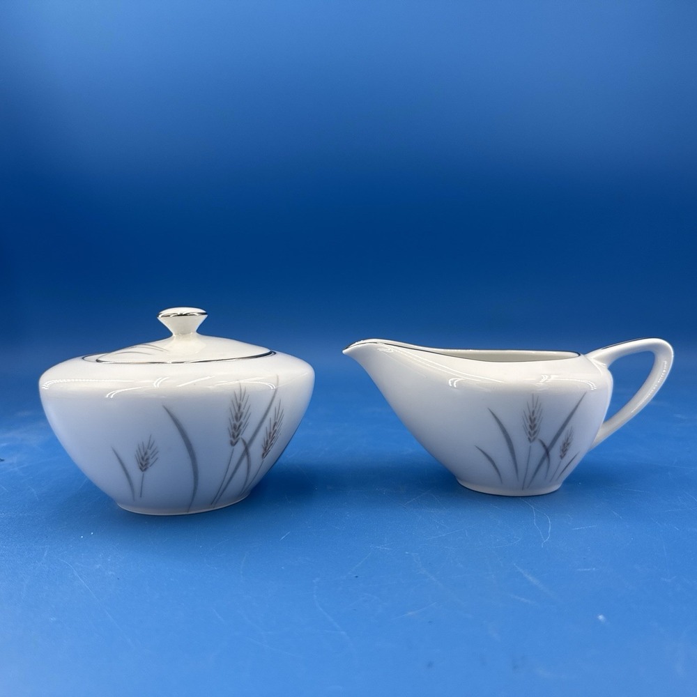 Vtg Platinum Wheat Fine China Japan  Creamer & Sugar Bowl W Lid Platinum Trim